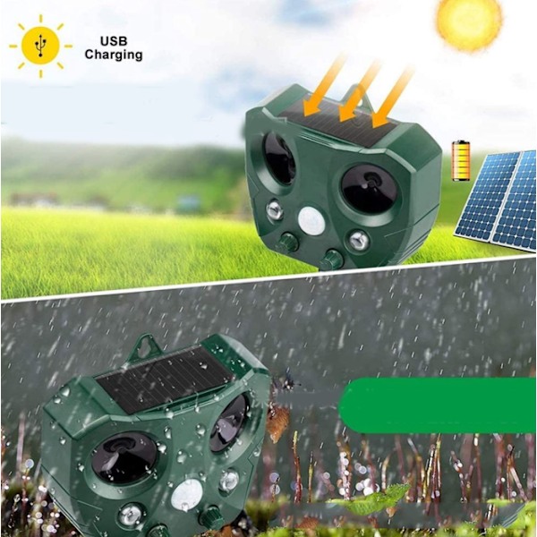 Aurinkovoimalla toimiva hiirikarkotin, lintukarkotin, ulkokäyttöön tarkoitettu eläinkarkotin, ultraääni eläinkarkotin