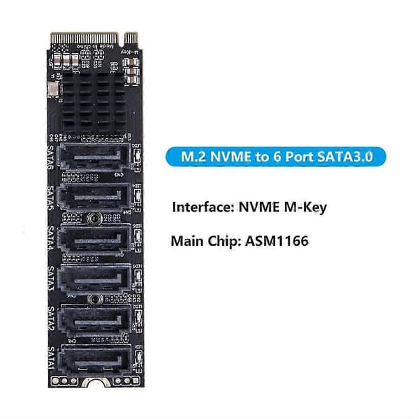 M.2 til SATA-adapter, 6 porte NVME til SATA3.0, M.2 PCI-E M Key Riser.