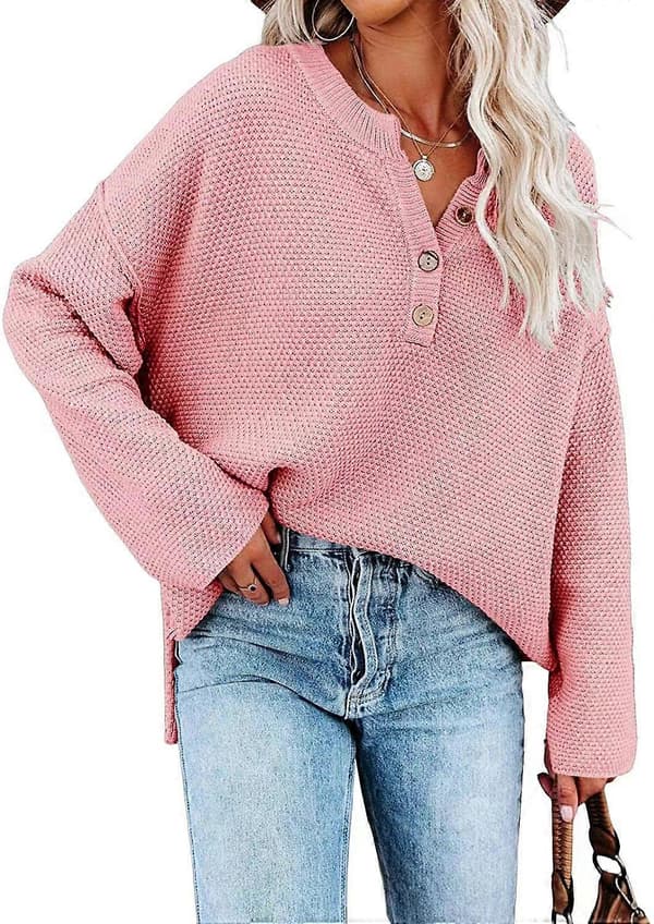 Damknäppt V-ringad Långärmad Tröja Våffelstickad Pullover för Höst Vinter Pulm S Pink 2XL