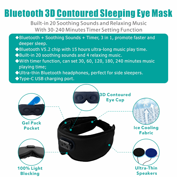 3D sovmask Bluetooth sovhörlurar Svart Sort