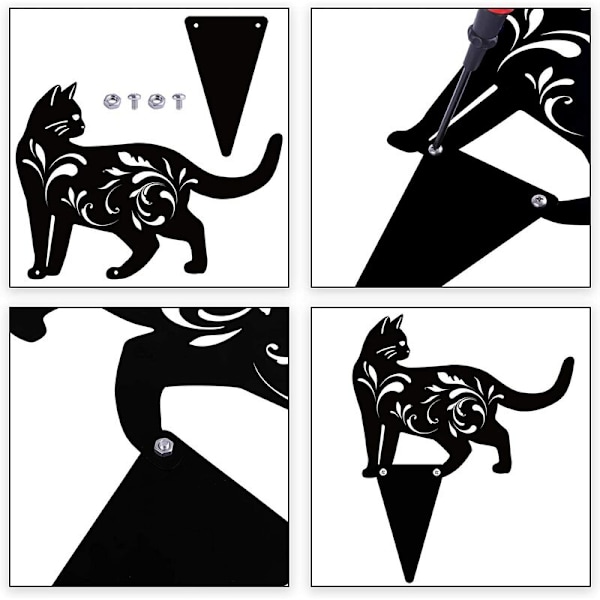 Set med 3 Trädgårdsstatyer i Metall med Kattmotiv, Svart Kattsiluett, Dekorativa Trädgårdsspett, Utomhus Trädgårdsstatyer