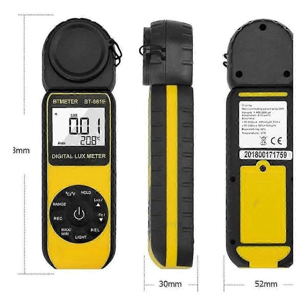 Digital Lux Meter BT-881E Håndholdt Lysmåler 1 - 300.000Lux Sensor med LCD-display til Lysintensitet