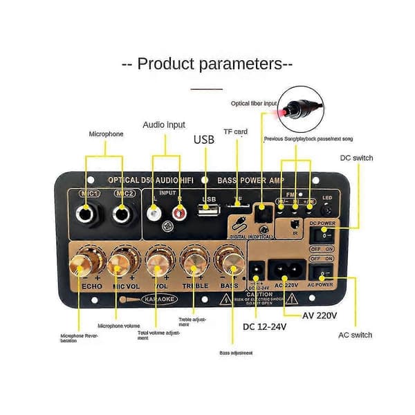 D50 35W effektforstærkerkort til subwoofer 12V/24V/220V Bluetooth Sort Black