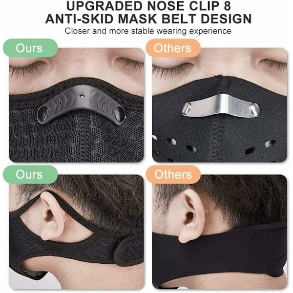 Urheilupölymaskit + 12 aktiivihiilisuodatinta, uudelleenkäytettävät hengittävät ulkoiluun, puutöihin, nurmikonleikkuuseen ja juoksuun, pyöräilyyn, musta