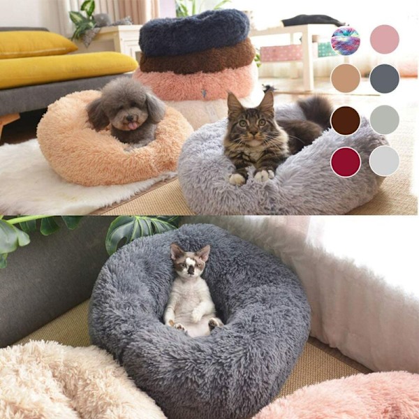 Hunde Kat Kurv Pude Seng Vinter Rund Plys Stor til Kæledyr Hvalp Killing Kattekilling, M Pink/Hvid/Mørkegrå/Lysebrun/Rød