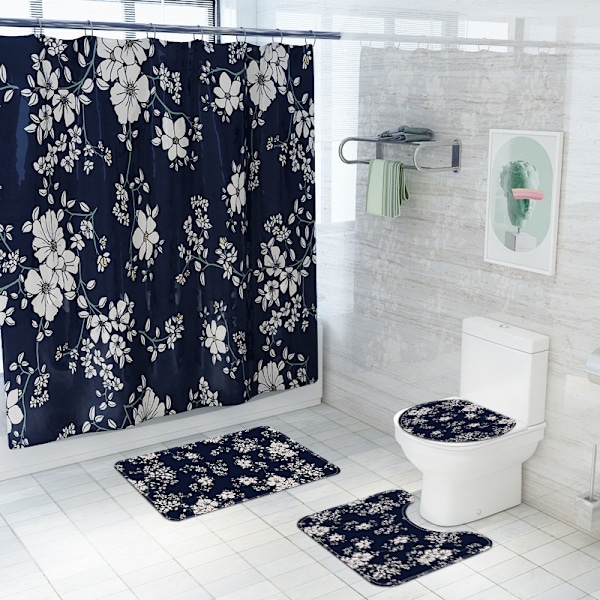 Liten fräsch blommönstrad serie rosa toalettgolvmatta polyester duschdraperi fyrdelad, A5,