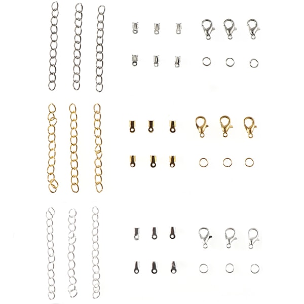 3 lådor, blandat hummerlås + litet clips + enkelt spänne + förlängning DIY smyckestillbehör - silver