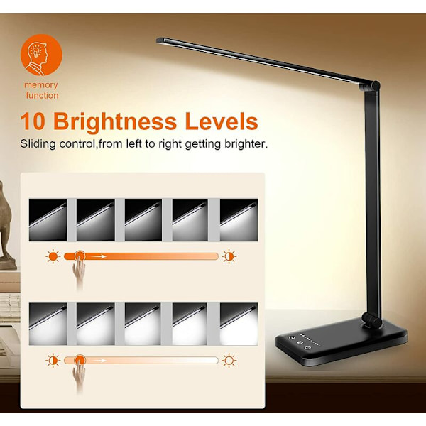LED-pöytävalaisin, himmennettävät pöytävalaisimet, 10 kirkkaustasoa, 5 väritilaa, silmien suojaus kosketusohjauksella, USB-portilla/ajastintoiminnolla, taitettava/käännettävä