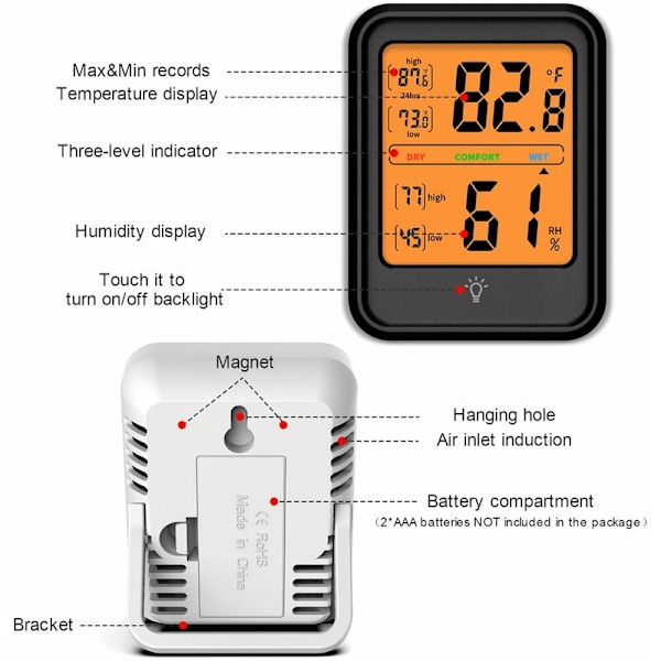 Hvidt elektronisk termometer og hygrometer