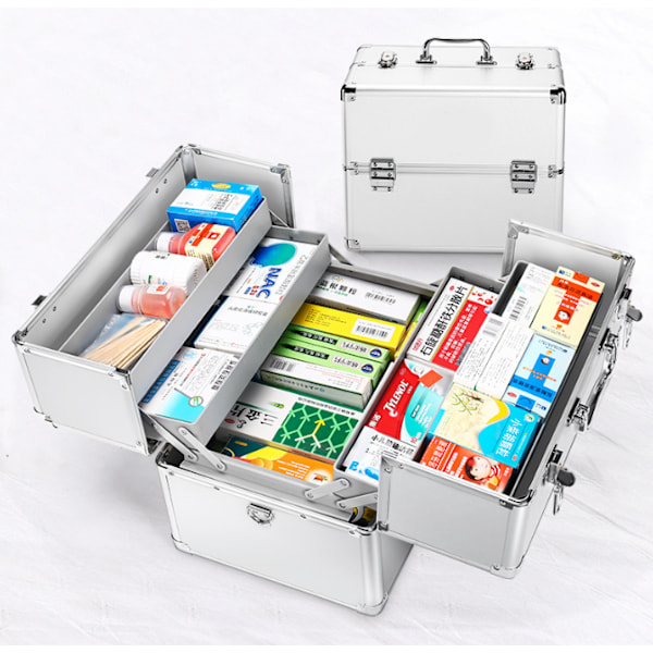 10 tommer sølv dobbelt åben medicinboks stor kapacitet multi-lags familie medicinboks
