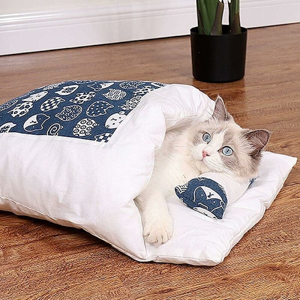 Kattbädd kattsäng sovsäck avtagbar och tvättbar kattfilt kennel kattsäng sovsäck blå M=