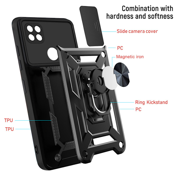 Magnetiskt armor kickstand-mobilskal med ring Redmi 9C/POCO C3/10A Svart Sort