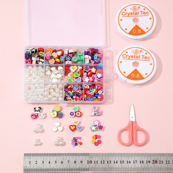 DIY æskesæt med bløde keramiske perler, et sæt sakse, et par transparente tråde, 2 ruller