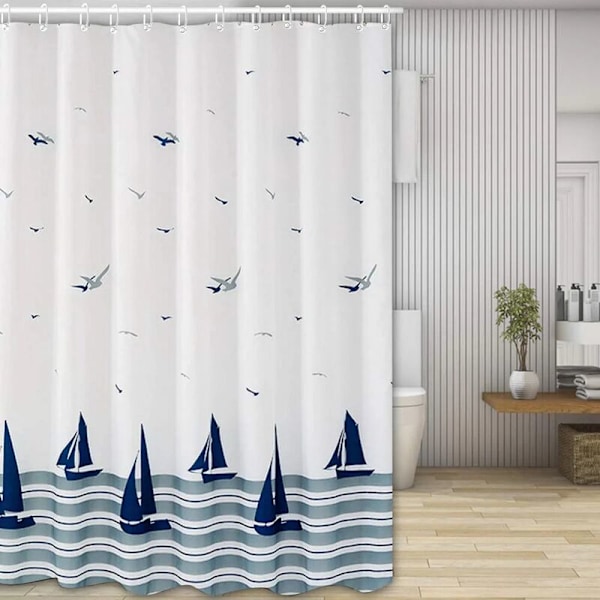 Vaskbart Polyester Bruseforhæng, Vandtæt, Anti-Skimmel, Antibakterielt med 12 Bruseforhængsringe, 180 x 200 cm, Ocean Mønster