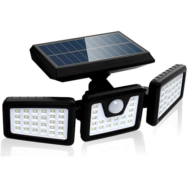 Solcellsdriven säkerhetslampa med rörelsesensor, kraftfull utomhusväggspotlight med 3 huvuden, 550 lumen