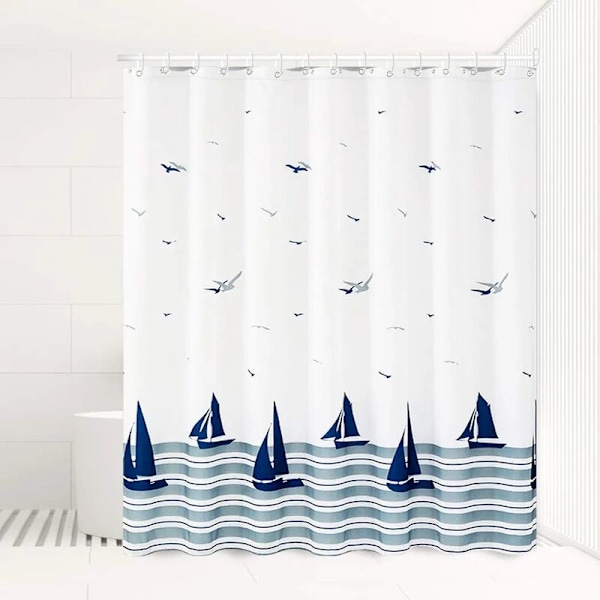 Vaskbart Polyester Bruseforhæng, Vandtæt, Anti-Skimmel, Antibakterielt med 12 Bruseforhængsringe, 180 x 200 cm, Ocean Mønster