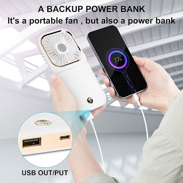 USB-tuuletin, pieni tuuletin, hiljainen kädessä pidettävä tuuletin ripustusmahdollisuudella, USB ladattava 3 nopeudella, kokoontaitettava ja kannettava tuuletin kotiin, toimistoon ja matkoille (valkoinen)