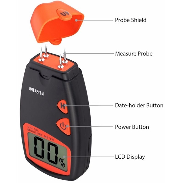 Digital Träfuktmätare Portabel 2-stifts Träfuktighetstestare, HD Digital LCD-display med 2 Extra Stift och Område 5%-40%
