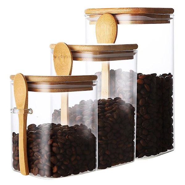 Förvaringsbehållare i japansk stil, fyrkantig, av glas med träsked, kryddbox, kaffebönbehållare, hushållsbehållare för mjölkpulver och te