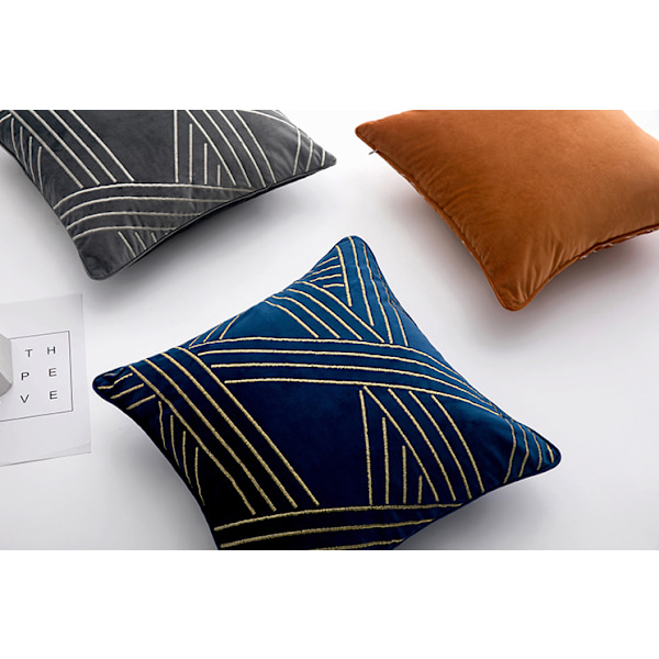 Holland Sammet Broderad Kuddfodral, Geometriska Linjer, Modern Lätt Lyx Soffkuddfodral (Blå, 45*45cm),