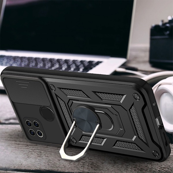 Magneettinen panssaroitu jalustallinen puhelinkotelo renkaalla Redmi 9C/POCO C3/10A Svart Sort