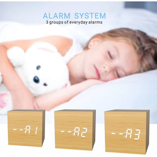 Mini Træ Ur LED Elektronisk Ur Træ Vækkeur Kreativt Lysende Stemmeaktiveret Sengeskrivebordsur (Hvidt Træ & Hvide Tegn)