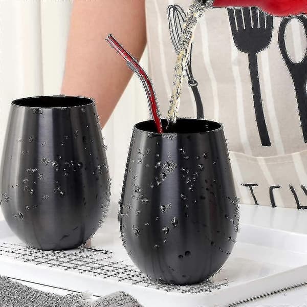 2 stk. stilkløse vinglas sæt holdbare rustfri stålglas Black