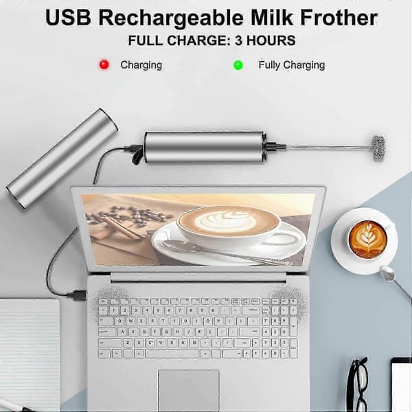 Mælkeskummer i rustfrit stål USB genopladelig mini-piskeris til cappuccino-fløde