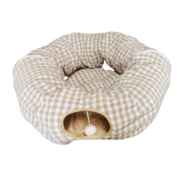 Kattunnel Leksak, Vikbar Kattunnel, Kattsand och Husdjursleksak (Beige Rutig Hel Cirkel)