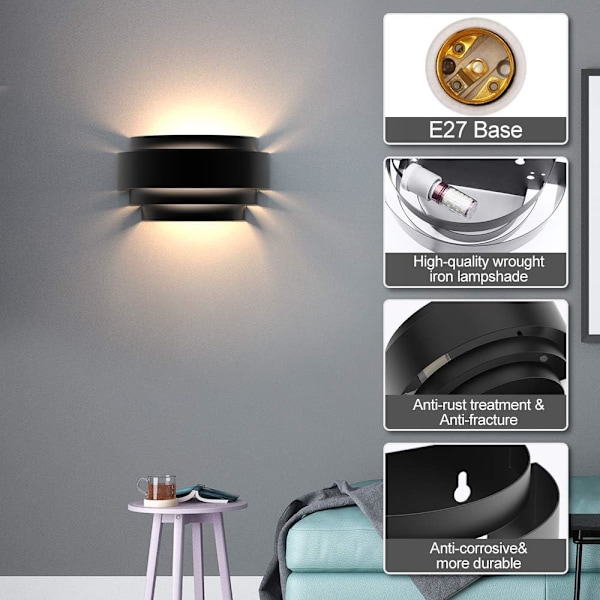 LED Vägglampor för Inomhusbruk, Vägghängda Sänglampor med Glödlampor (Svart, Energiklass A++)