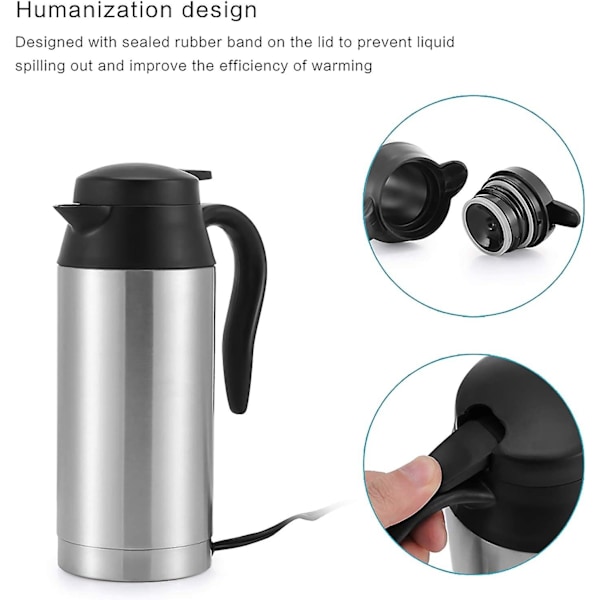 Elkedel - 750ml - 12v - Med biloplader - Varme kop i rustfrit stål til kaffe, te, varmt vand