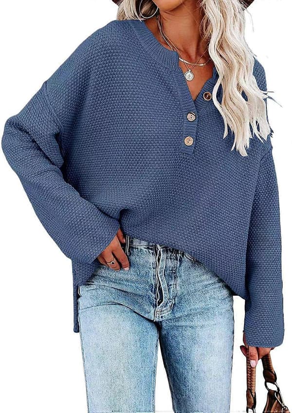 Dame Knap V-Hals Langærmet Sweater Vaffelstrikket Pullover til Efterår Vinter Pink M Navy Blue 2XL