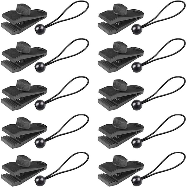 Plastikclips til regnslag 10 teltclips + 10 sorte reb + 10 sorte D-formede