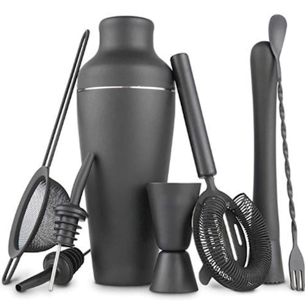 8-delars Matt Svart Rostfritt Stål Mixer Set Komplett Fransk Cocktail Verktygsset (Svart),