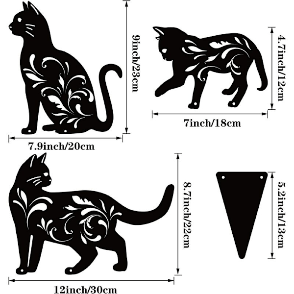 Set med 3 Trädgårdsstatyer i Metall med Kattmotiv, Svart Kattsiluett, Dekorativa Trädgårdsspett, Utomhus Trädgårdsstatyer