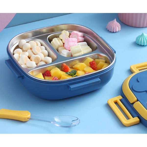 304 Rostfritt Stål Barn Matlåda Vattenisolerad Lunchlåda Baby Bento Låda med Sked Portabel Grid Lunchlåda (Blå Två Fack 550ml [med Sked]),