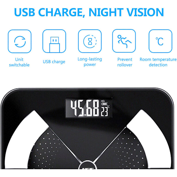 Elektronisk vægt, personvægt til hjemmet, elektronisk vægt, sund kropsfedtvægt, USB-opladning (sort 26*26cm)