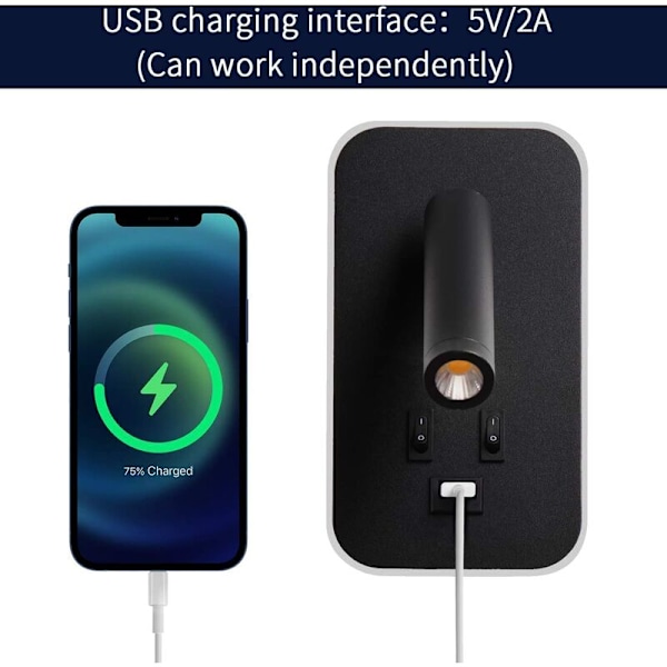 LED Væglampe, Sengelampe med kontakt, USB-ladeport, Stemningsbelysning til soveværelset Justerbar spotlight (3W 3000K + 9W 6000K) Sort