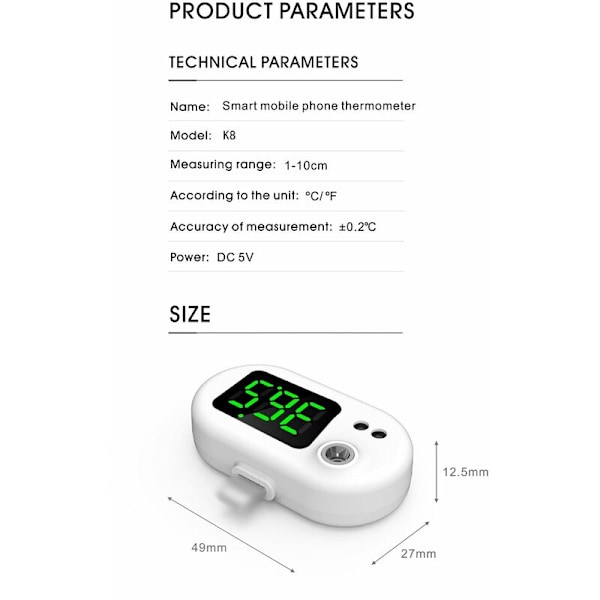 USB bærbar infrarød automatisk mobiltelefon temperaturmåling iphone
