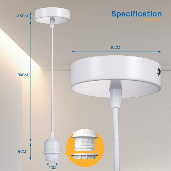 E27 pendellampa med skruvring, 100 cm justerbar textilsladd, pendelkompatibel lampskärm, idealisk sockel för kökspendellampor, vit