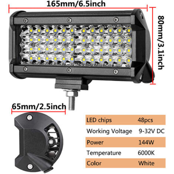 LED Arbejdslampe til Traktor 144W 16.5cm Bil LED Spotlight 12-24V Strip LED Arbejdslampe Vandtæt IP67 LED Arbejdslampe til 4X4 Bil Lastbil SUV Båd 2 Stk