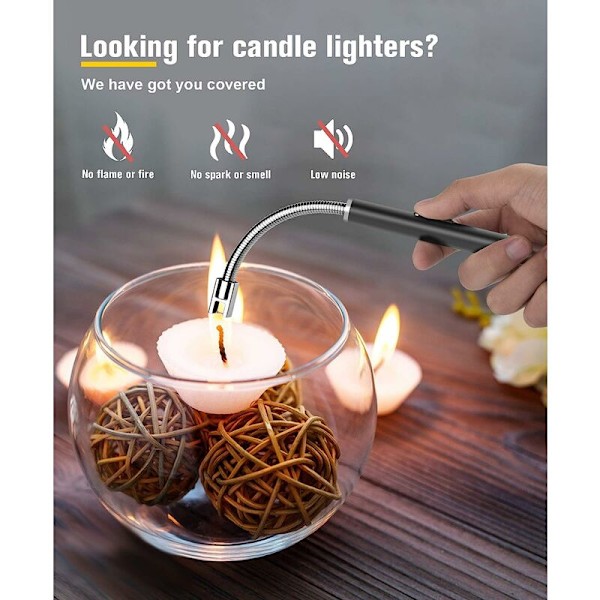 Genopladelig lysbuelighter med LED-display, 360° fleksibel hals, flammeløs lang grill til stearinlys, aromaterapi, camping, BBQ, gaskomfurer (sort)