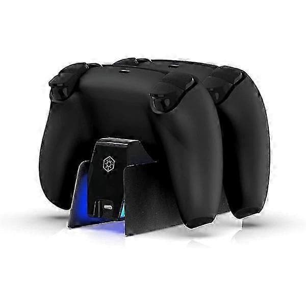 Sort Ladestation med Blå Lysbjælke til PS5 Midnight Black Controllere