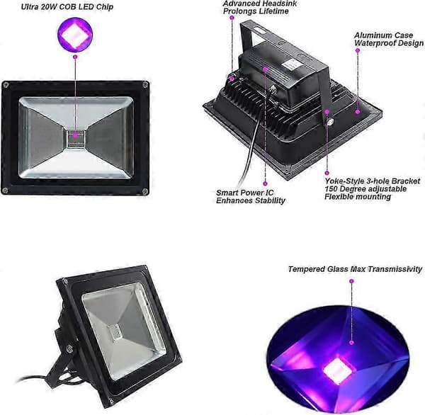 20W LED Violet Sort Lys IP66 Vandtæt 395-400nm til Neonkunst
