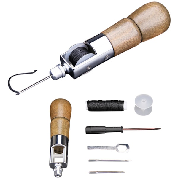 DIY Trähandtag Läder Sömnads Syl Kit, Professionell Handsymaskin, Låsstyg Verktygssats
