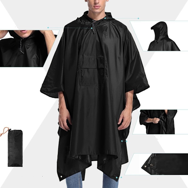 Monitoiminen sadeponcho hupulla Svart