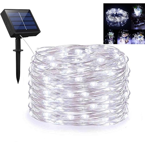 100 200 LED solardrivna koppartrådslampor utomhus, vattentäta, 12 meter, 100 lampor, 8 funktioner, vitt ljus