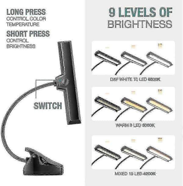 19 LED Super Bright Genopladelig Clip-on Lampe til Noder Klaver 9 Niveauer