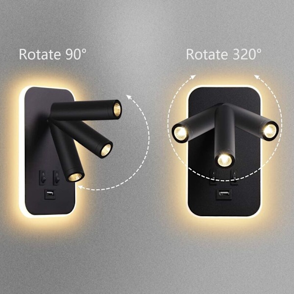 LED Væglampe, Sengelampe med kontakt, USB-ladeport, Stemningsbelysning til soveværelset Justerbar spotlight (3W 3000K + 9W 6000K) Sort