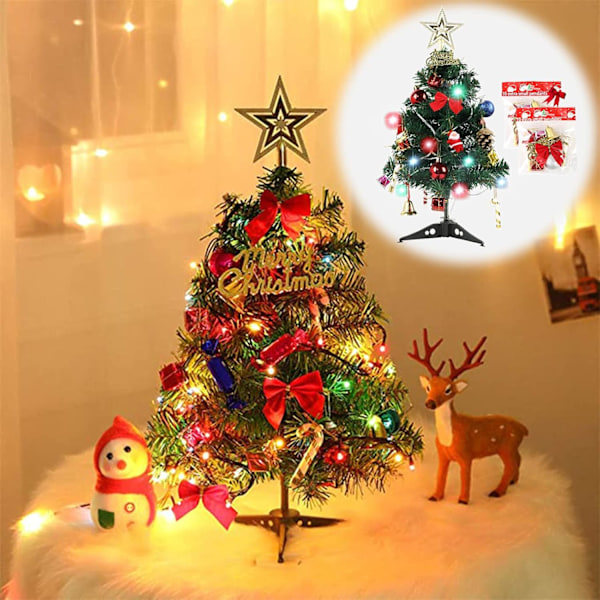 Juldekorationsgåvor, 60 cm Mini Julgran för Skrivbord med Prydnadspaket (45 cm Gran med Plug-in Prydnader och Ljus)